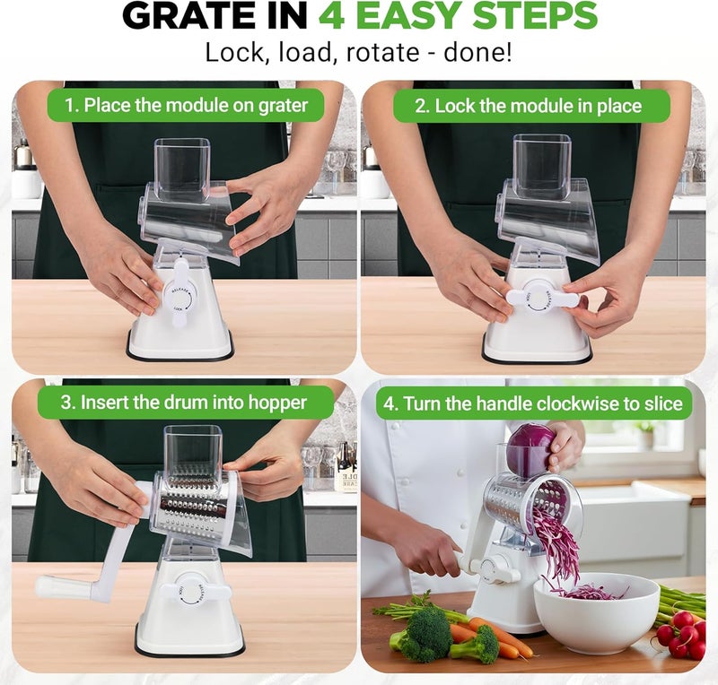 NutriChef 3 in 1 Cheese Grater & Shredder | Strong Suction Base, Rotary Handle with Safety Lock | Includes Hand Crank & 3 Drum Blades for 3 Textures, Fine, Medium & Strips | White - Image 2